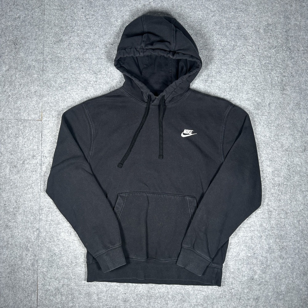 Nike Club Fleece Hoodie Mens Small Black Faded Pullover Swoosh Streetwear